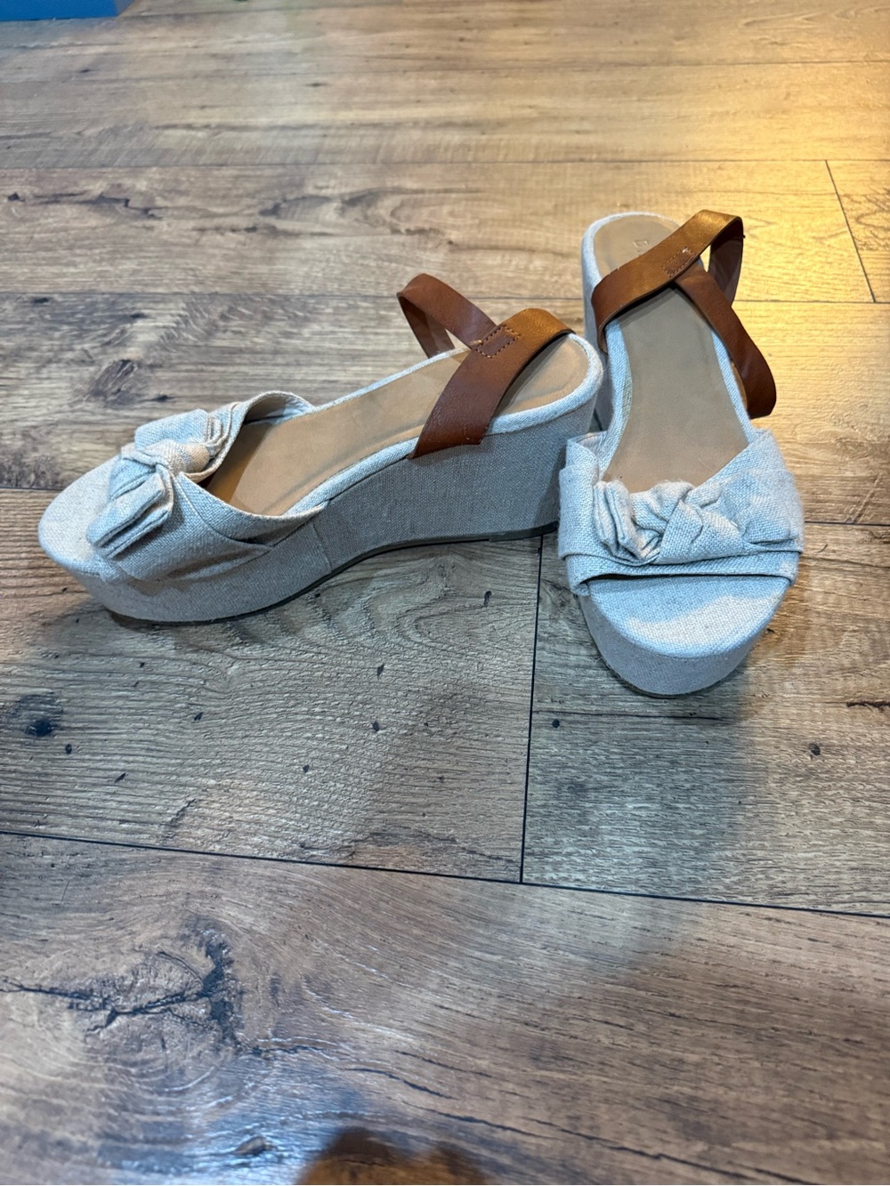 BAMBOO Light Beige Bow Espadrille Wedge Sandals with Brown Ankle Strap - Picture 5 of 5
